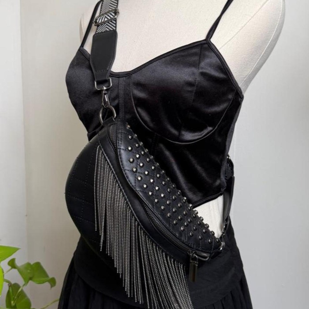 Black Faux Leather Studded Fringe Crossbody Bag Chevron Strap Fanny Pack